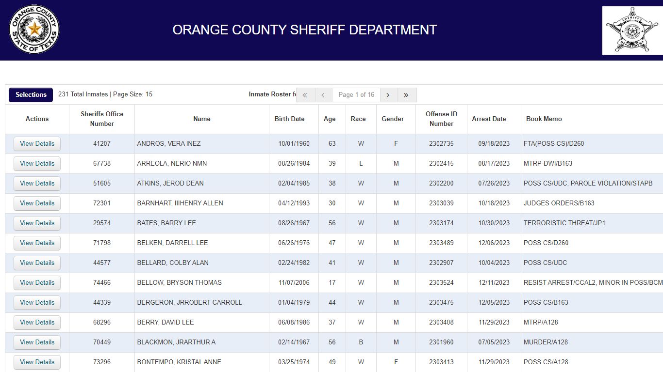Inmate Roster - Orange County, Texas